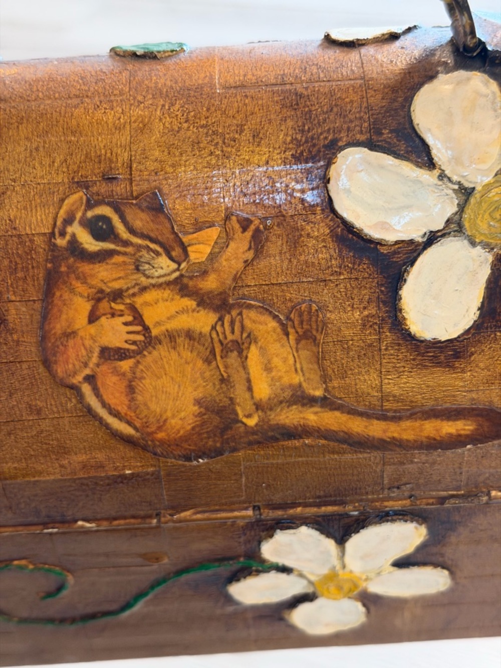 VTG Box Purse Metal Handbag Decoupaged Owl Hand Painted 3D Flowers Yellow Hippie - Picture 16 of 16